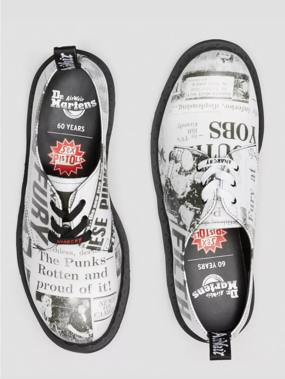 Dr. Martens 1461 Sex Pistols News Paper Print Backhand Women’s size 7 NEW!!!